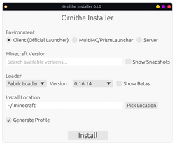 Screenshot of the installer GUI, with the "Client" page selected. All options are at their default values. No Minecraft version is selected, the loader is set to "Fabric Loader" with version 0.16.4. The install location is "~/.minecraft", and "Generate Profile" is checked.