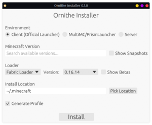 Screenshot of the installer GUI, with the "Client" page selected. All options are at their default values. No Minecraft version is selected, the loader is set to "Fabric Loader" with version 0.16.4. The install location is "~/.minecraft", and "Generate Profile" is checked.