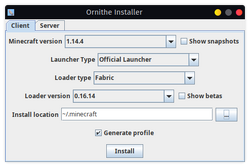 The older ornithe installer, on the client tab. All options are set to their default values: Minecraft version 1.14.4, Launcher type official, Loader type fabric, Loader version 0.16.4, Install location ~/.minecraft. The "Generate profile" checkbox is checked.