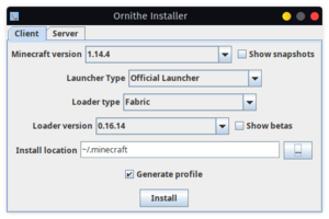 The older ornithe installer, on the client tab. All options are set to their default values: Minecraft version 1.14.4, Launcher type official, Loader type fabric, Loader version 0.16.4, Install location ~/.minecraft. The "Generate profile" checkbox is checked.